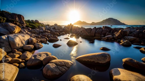 Scenic seascape view with rocks and a beautiful sunset, water reflecting the sunlight and the clear blue sky, natural landscape