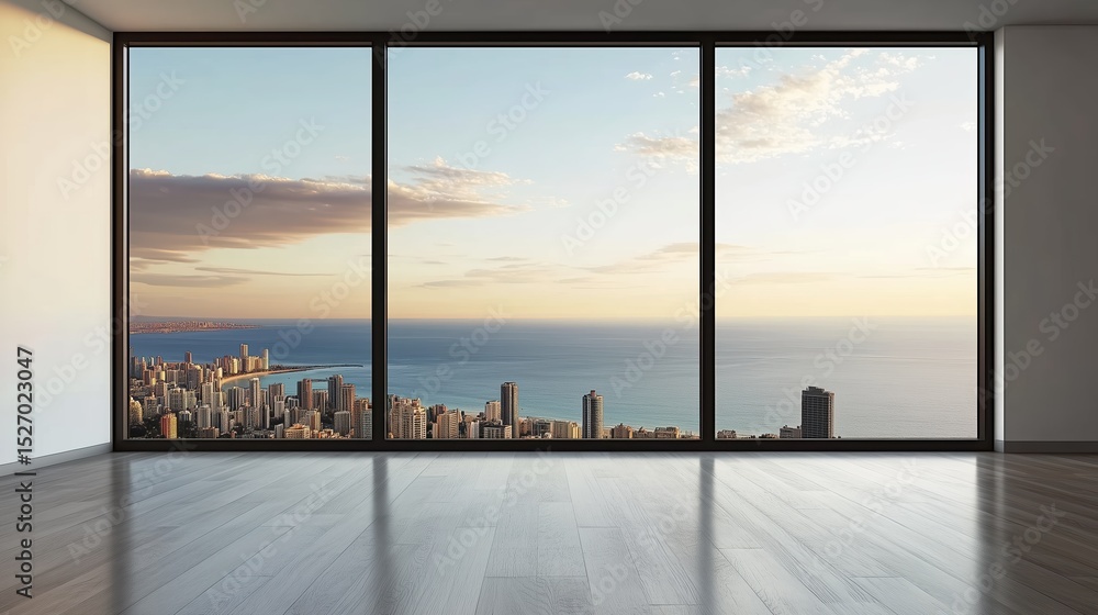 Fototapeta premium Modern high-rise skyline seen through a large window. Empty white-walled interior, ideal for design mockups, real estate marketing, or urban lifestyle concepts
