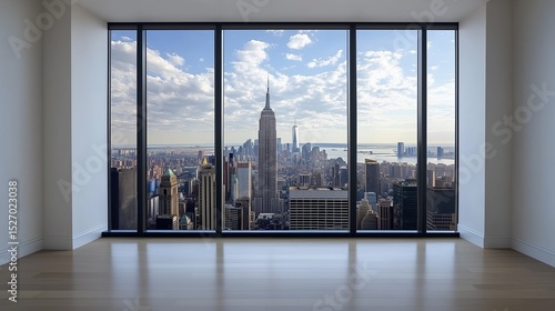 Modern high-rise skyline seen through a large window. Empty white-walled interior, ideal for design mockups, real estate marketing, or urban lifestyle concepts