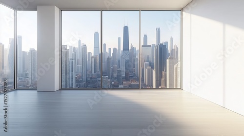 Modern high-rise skyline seen through a large window. Empty white-walled interior, ideal for design mockups, real estate marketing, or urban lifestyle concepts