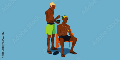 Vector silhouette of two boys in a Brazilian favela, one painting the other's hair, representing urban youth, street culture and community identity