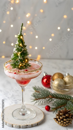 Festive Christmas cocktail drink with miniature tree 