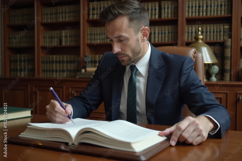 A white man in a lawyer's suit reviews documents at a large wooden desk in a quiet law office. Bookshelves and a classic lamp create a focused, professional atmosphere A white man in a lawyer's suit reviews documents at a large wooden desk in a quiet law office. Bookshelves and a classic lamp create a focused, professional atmosphere