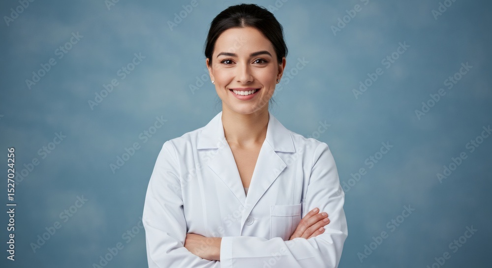 Beautiful and confident female doctor in a white lab coat smiles for the camera. Beautiful and confident female doctor in a white lab coat smiles for the camera.