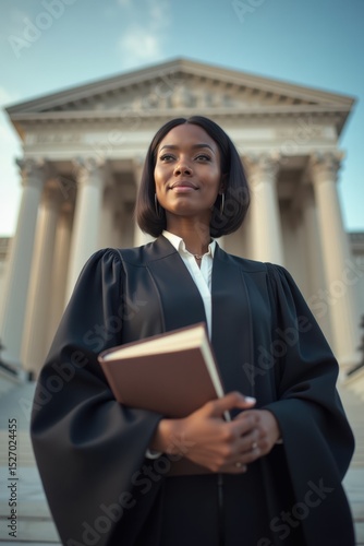 A black woman in a barrister's robe holds a law book while standing in front of a courthouse with tall columns. The sky is clear, and the building looks grand and official