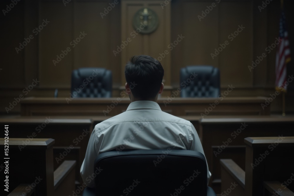 Fototapeta premium A white man sits sadly in the defendant's chair, looking down in a dim courtroom. The judge's bench and empty jury seats are visible in the background