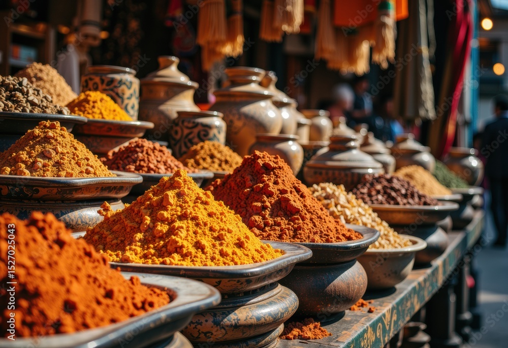 Fototapeta premium Vibrant spices displayed in traditional bowls at a market