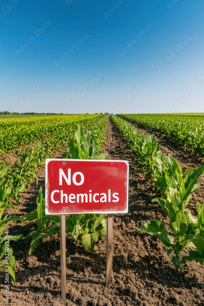 Obraz premium Sign reads No Chemicals beside lush green field fertilized with natural materials. Clear blue sky enhances tranquil setting promoting sustainability