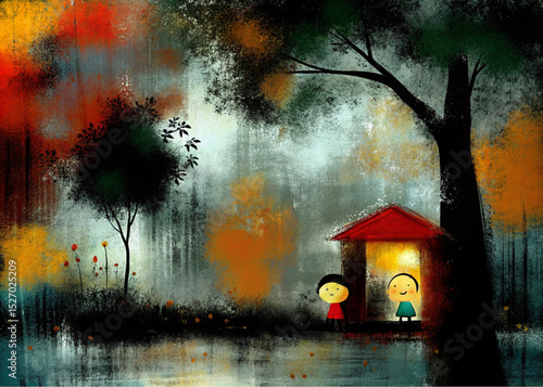 , flanked by trees with vibrant red and orange autumn foliage. The scene is illuminated by glowing streetlights, creating reflections on the slick ground and a sense of peaceful melancholy amidst the 