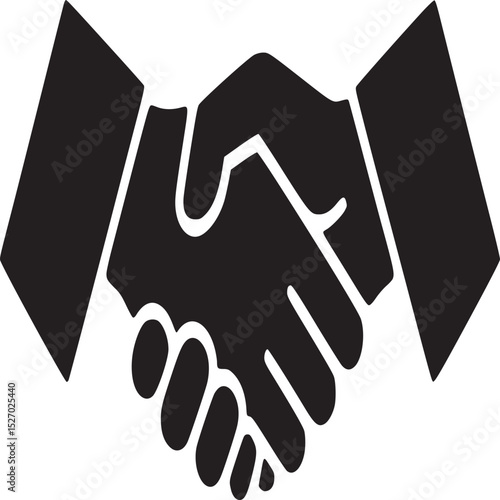 A black and white graphic illustration of two hands clasped together in a handshake gesture