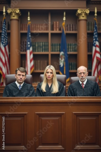 Wallpaper Mural A panel of three judges, two men and one woman, sit seriously behind a long bench in a formal courtroom. Behind them, flags and law books line the walls Torontodigital.ca