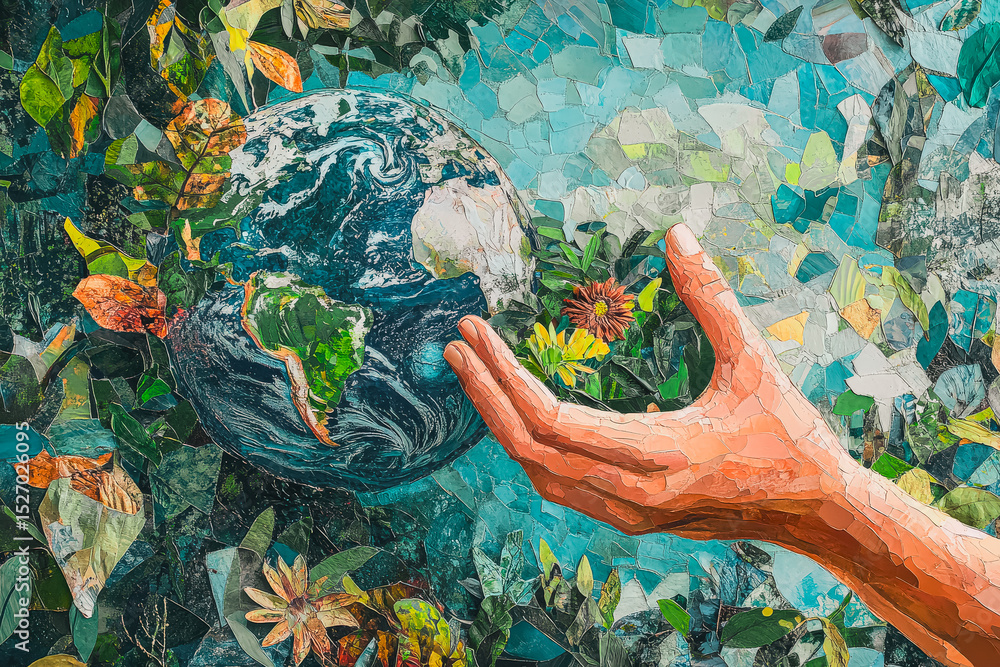 Fototapeta premium Hand is holding a globe, symbolizing the importance of taking care of the earth. The image is a collage of various elements, including a hand, a globe, and a tree. Concept of preserving the environmen
