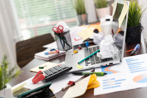 Messy and cluttered desk