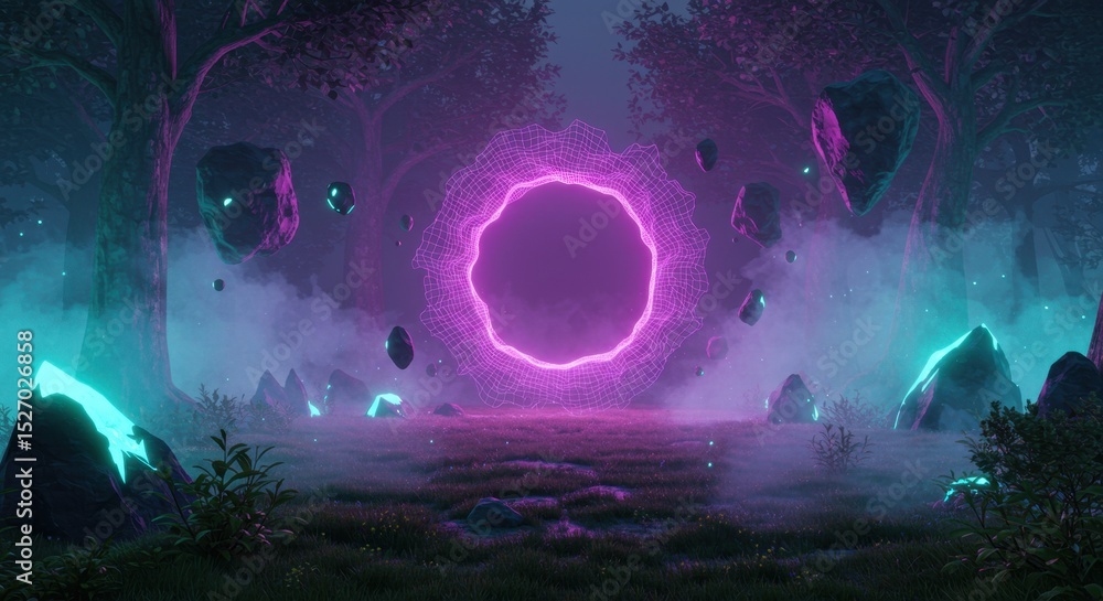 Obraz premium Fantasy Portal Opening in a Forest Clearing with Floating Rocks and Glowing Magic