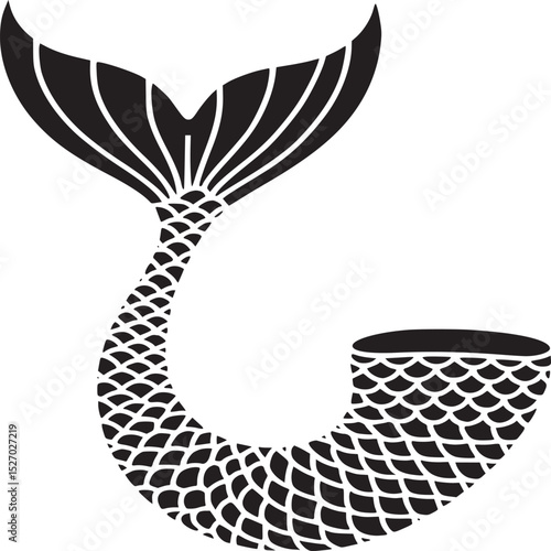 A black and white illustration of a mermaid tail with scales and a fluke on a white background