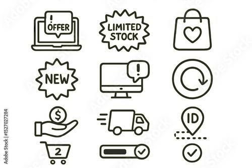 Online shopping icons - offers, stock, delivery, payment, shopping bag