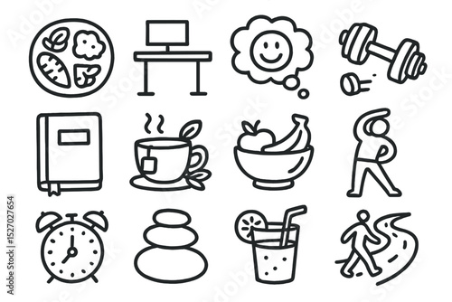 Healthy lifestyle icons: exercise, nutrition, relaxation, wellness