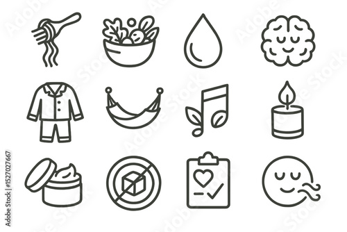 Icons of relaxation and wellness on olive green background