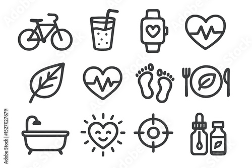 Health and wellness icons featuring fitness, food, and relaxation symbols