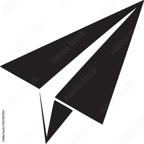 A minimalistic black paper airplane on a white background with sharp angles and clean design elements