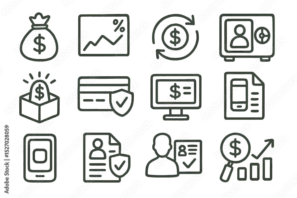 Financial icons collection: money, banking, investment, security, growth Financial icons collection: money, banking, investment, security, growth