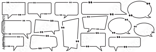chatting box, message box icon. Balloon doodle style of thinking sign symbol. Quotation marks. Black quotes icons set. Collection of minimalist web icons featuring speech bubbles, quotation marks.