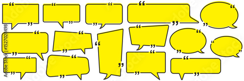 chatting box, message box icon. Quotation marks. Yellow quotes icons set. Quote vector bubbles for text, speech. Quotation box frames with borders design. Set quote frame, texting quote box icon.