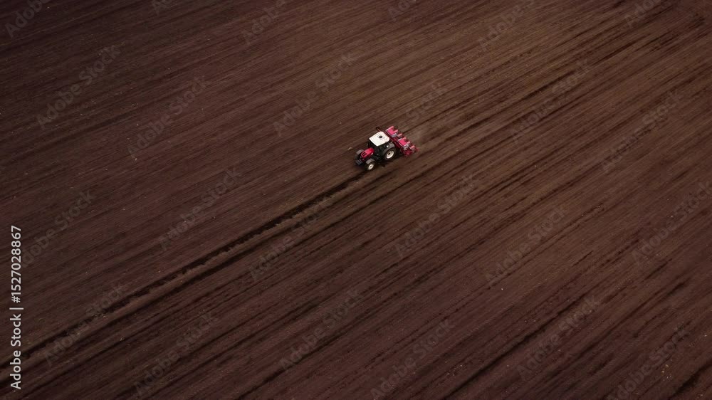 Tractor pulls red planter across brown field at seeding Tractor pulls red planter across brown field at seeding