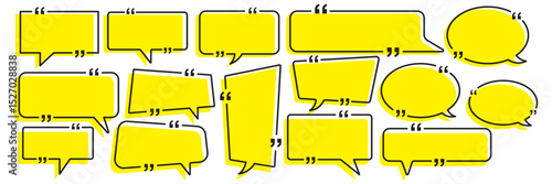 chatting box, message box icon. Quotation marks. Yellow quotes icons set. Quote vector bubbles for text, speech. Quotation box frames with borders design. Set quote frame, texting quote box icon.