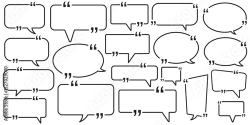 chatting box, message box icon. Balloon doodle style of thinking sign symbol. Quotation marks. Black quotes icons set. Collection of minimalist web icons featuring speech bubbles, quotation marks.