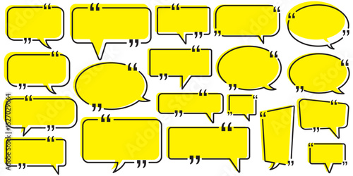 chatting box, message box icon. Quotation marks. Yellow quotes icons set. Quote vector bubbles for text, speech. Quotation box frames with borders design. Set quote frame, texting quote box icon.