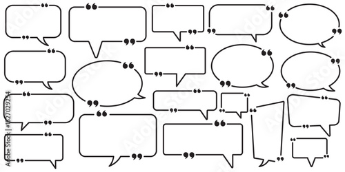 chatting box, message box icon. Balloon doodle style of thinking sign symbol. Quotation marks. Black quotes icons set. Collection of minimalist web icons featuring speech bubbles, quotation marks.