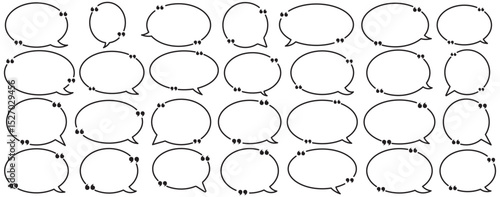 chatting box, message box icon. Balloon doodle style of thinking sign symbol. Quotation marks. Black quotes icons set. Collection of minimalist web icons featuring speech bubbles, quotation marks.
