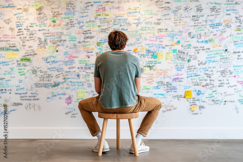 Entrepreneur brainstorming ideas in a creative workspace with colorful notes on the wall