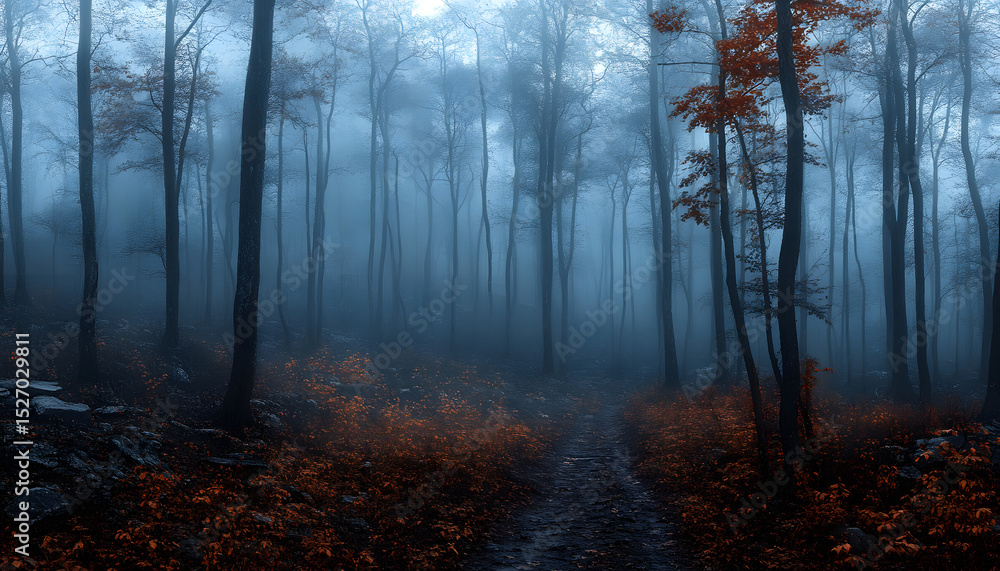 Obraz premium dark misty forest panorama fantasy halloween landscape