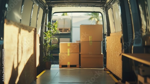 An organized storage van filled with well-sealed boxes, depicting a scene of preparation, transition, or relocation, with a green plant adding a refreshing touch.