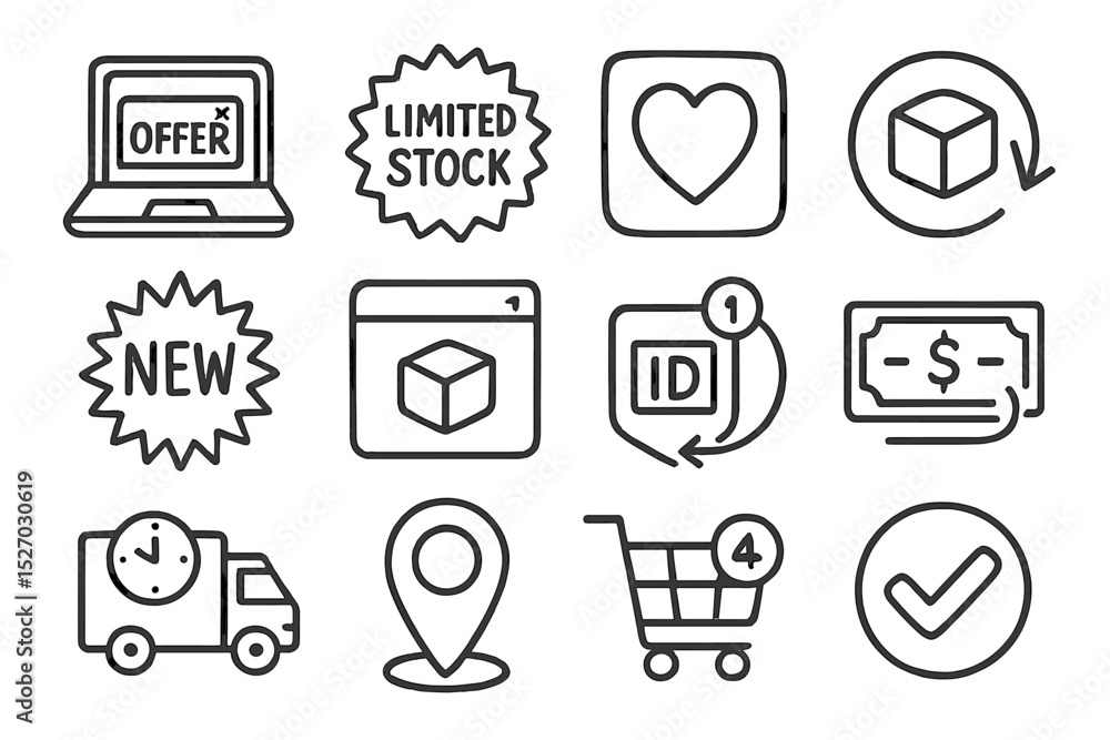Online shopping icons: offer, cart, delivery, limited stock, new Online shopping icons: offer, cart, delivery, limited stock, new