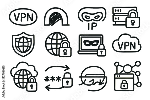 Vpn security icons set with cloud, shield, and mask symbols