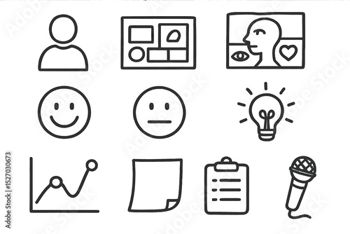 Simple black icons on green background: graph, emoji, microphone, lightbulb