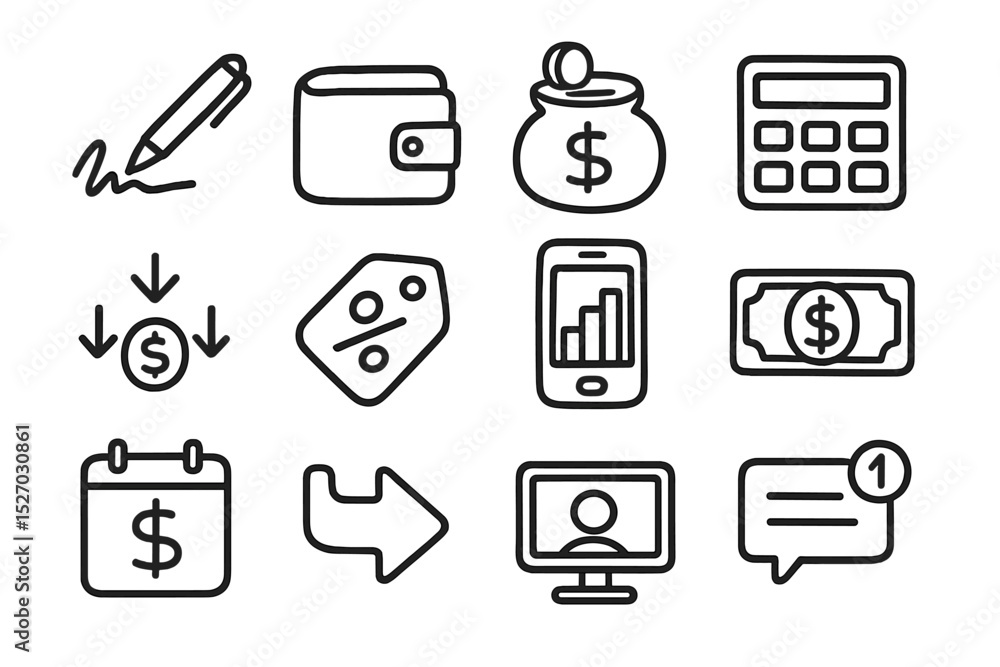 Financial icon set featuring money, wallet, and calculator symbols Financial icon set featuring money, wallet, and calculator symbols