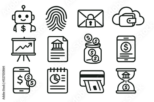 Banking and finance icons featuring robot fingerprint security wallet
