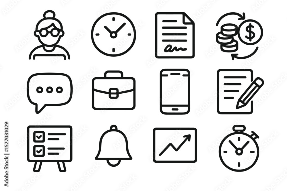 Fototapeta premium Business and finance icons featuring various office and communication tools