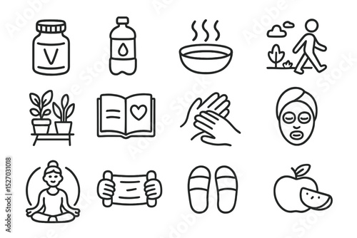 Wellness symbols: food, exercise, relaxation, and self-care icons on dark background