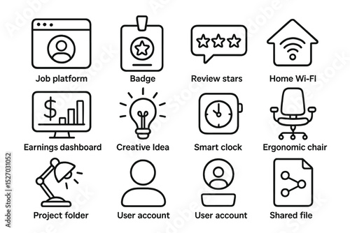 Office icons for productivity including badge, wi-fi, and creative ideas