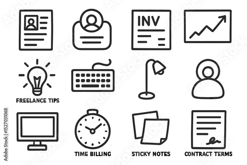 Business icons set: invoicing, contracts, keyboard, light bulb, stopwatch