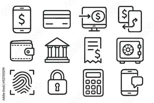 Banking icons: mobile, card, transfer, security, finance, safe, lock