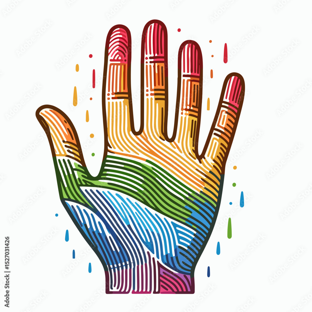 Obraz premium Colorful illustration of a rainbow hand with textured lines and drops