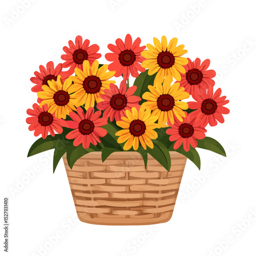 2D flat vector illustration of A Gaillardia Flower Basket, isolated on a white background.