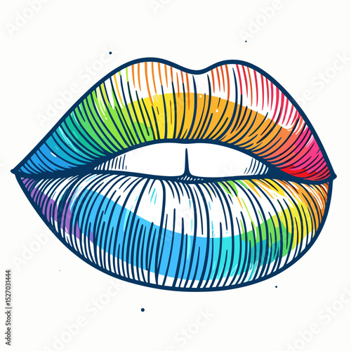 Colorful illustration of rainbow lips with textured lines