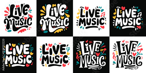 Vibrant Live Music Hand Lettered Typography Designs Set with Musical Notes, Hearts, and Abstract Shapes for Event Posters and Apparel